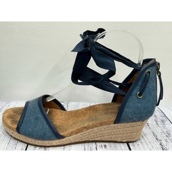 UGG Womens Amell Wedge Heel Sandals Denim Lace Up Open Toe Navy Blue Size 7.5 - Picture 5 of 12